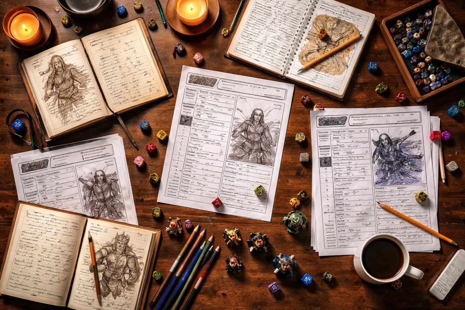 top-down view of a gaming table with notebooks, dice, and character sheets